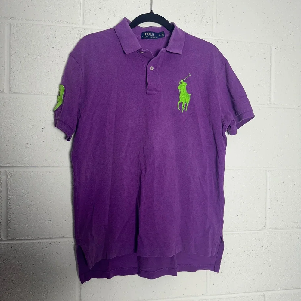 Polo Ralph Lauren Mens Big Pony Polo Shirt Purple Neon Green Size M Short Sleeve